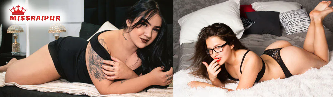 Two stylish women in black outfits posing on beds, Miss Raipur banner displayed