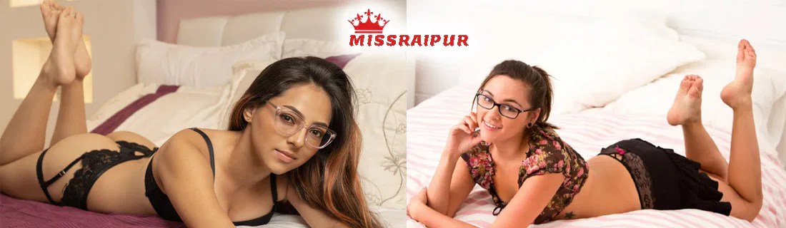Two young women in stylish lingerie with glasses posing on beds, Miss Raipur logo displayed