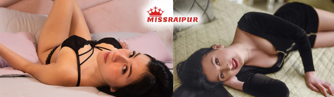 Two beautiful women in black lingerie and dress lying on a bed, representing Miss Raipur services.